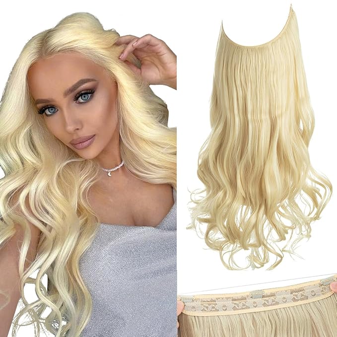 SARLA Invisible Wire Hair Extensions with 3 Clips Long Synthetic Wavy Curly Hairpiece Adjustable Transparent Headband for Women 18 Inch Beach Blonde