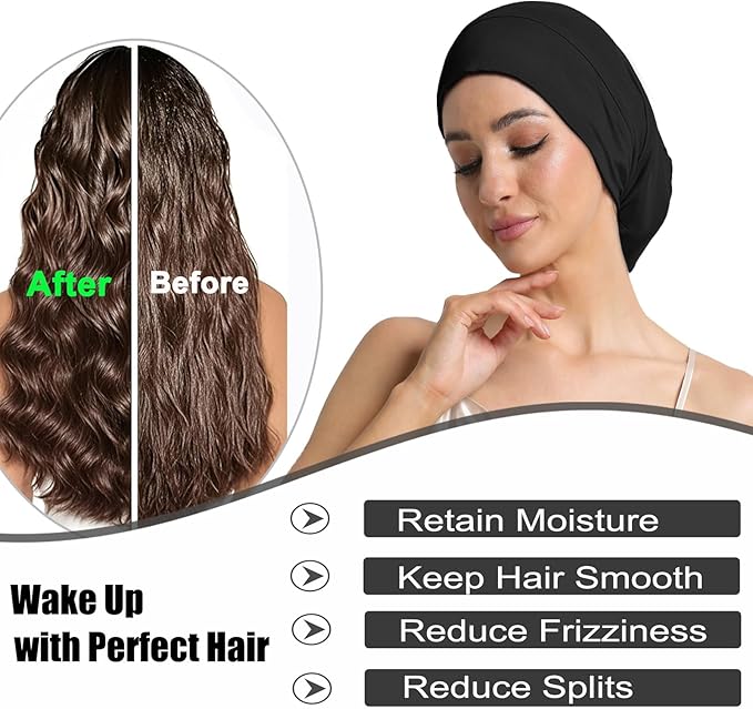Satin Bonnet for Sleeping Night Cap, Adjustable Satin Lined Silk Bonnets Sleep Cap for Curly Hair Braids Beanie Black Women