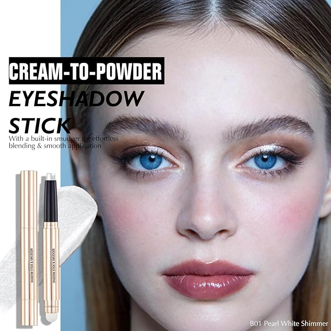 Pearl White Eyeshadow Stick - Dual-Ended Long-Lasting Shimmer Cream Eye Shadow Stick Crease-Proof Metallic Eyeshadow Pencil, Multi-Use Eye Highlighter Makeup with Built-in Smudger