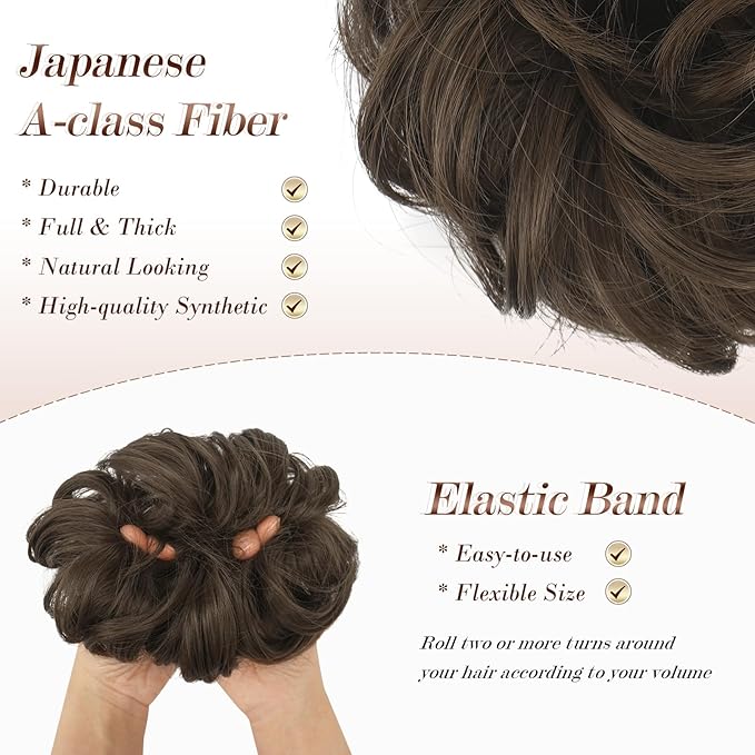 FESHFEN Messy Bun Hair Piece - Wavy Synthetic Chignon Scrunchies for Instant Volume, Elastic Bun Ponytail Hair Extensions Thick Hairpieces for Women, Medium Brown 1.50 oz