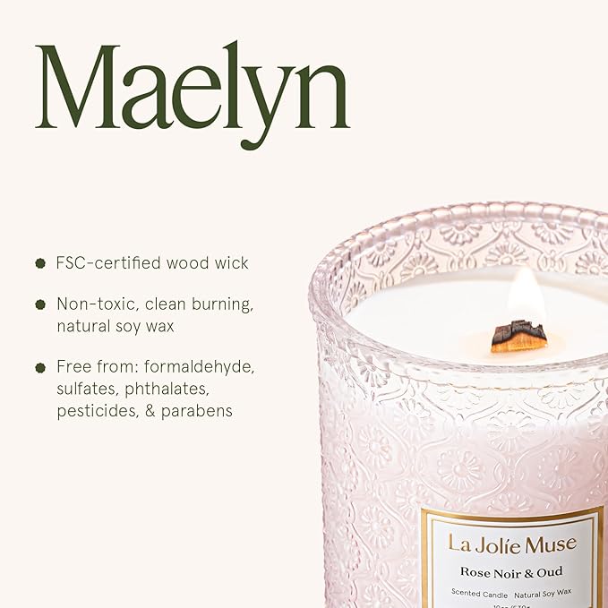 LA JOLIE MUSE Rose Noir & Oud Scented Candle – Lemon, Rose & Oud | Valentine's Day Candle Gift | 19 oz Large Wooden Wick Candle | Natural Soy Wax | 90 Hours Clean Burn | Elegant Home Décor