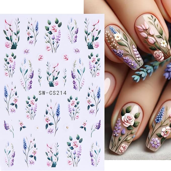 6 Sheets Flowers Nail Art Stickers Decals 3D Self Adhesive Nail Design Stickers Pink Blue White Spring Peach Blossom Flower Daisy Nail Decals for Women Girls DIY Manicure Tip Flowers Nail Decoration