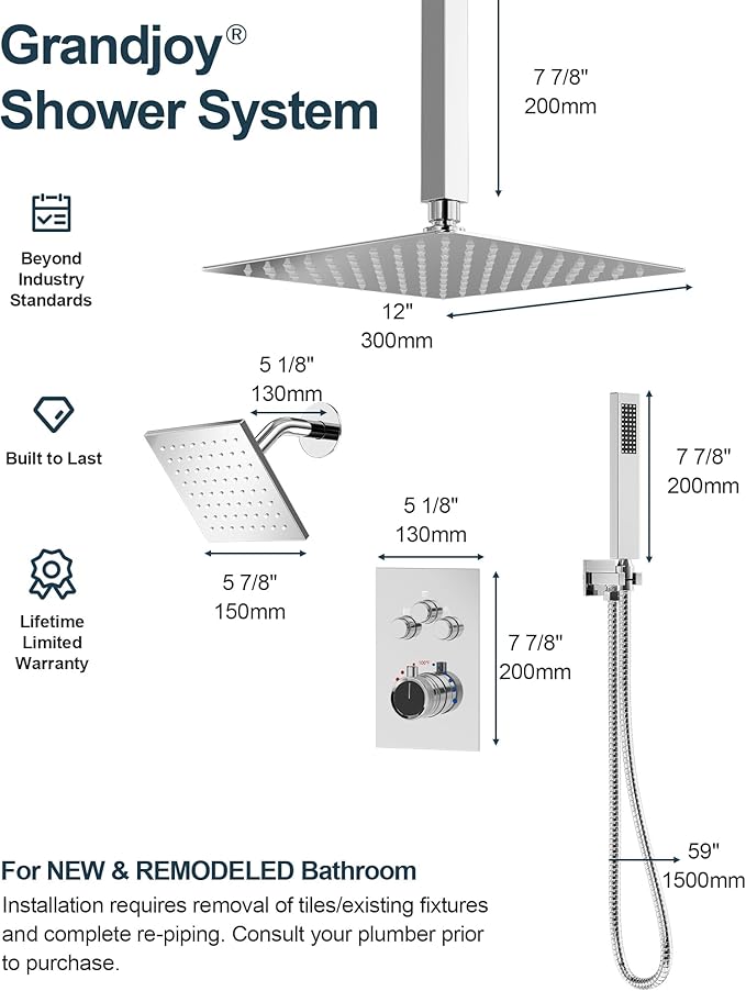 GRANDJOY Thermostatic Shower System, Dual Rainfall Shower Heads for Ceilling & Wall Mounted with Handheld Sprayer, Chrome
