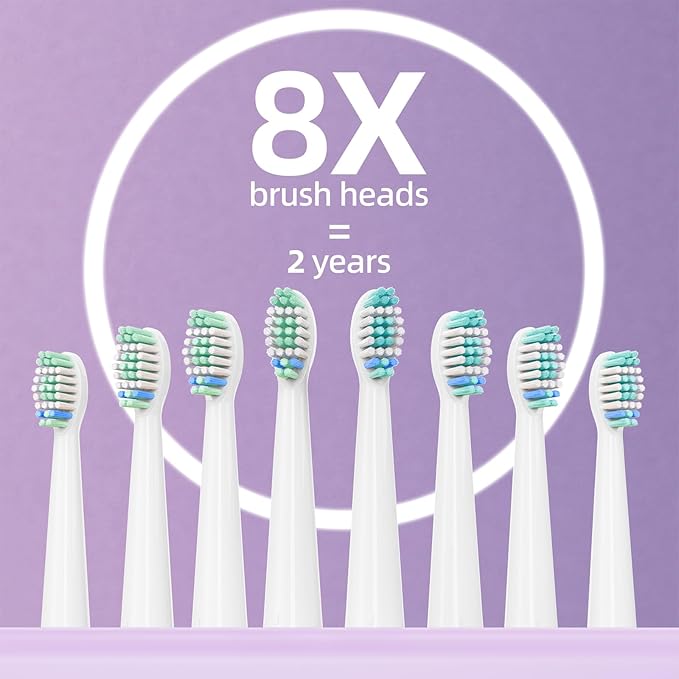 YUNCHI Electric Toothbrush Birthday/Valentine Plastic 8 Heads 24-Mo Deep Cleans Gentle Gums Removes Stains 3Hr USB-C 90d 2-Min Timer/30s IPX7 - Purple