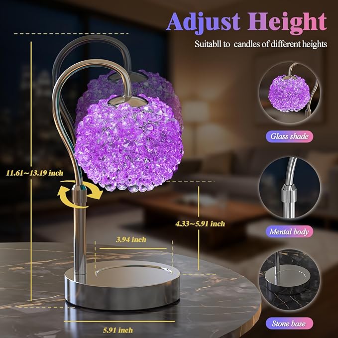 Luxury Candle Warmer Lamp with Crystal Gemstone Shade & Color-Changing Premium Base - Adjustable LED Wax Melt Warmer for Home Decor (Purple)