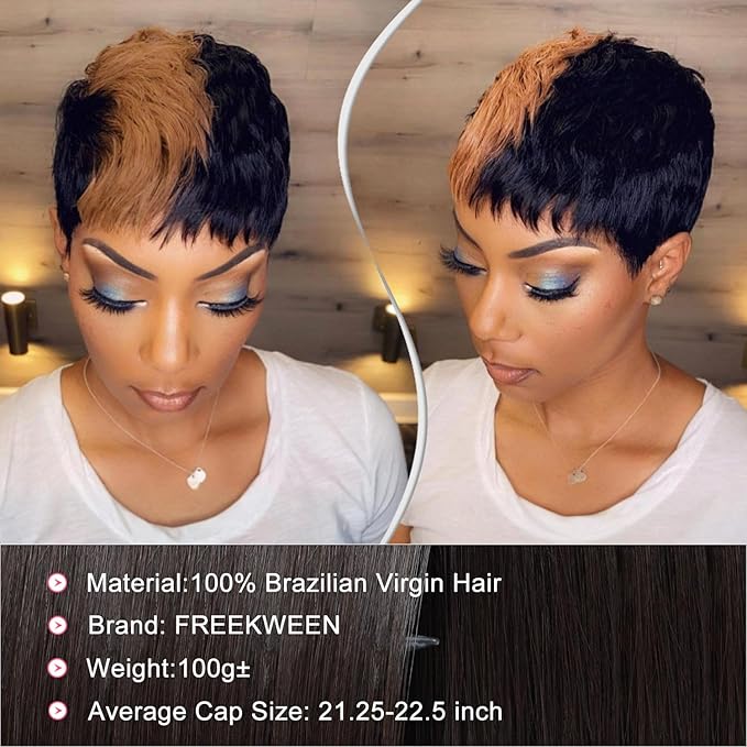 Short Pixie Cut Wig for black women Real Brazilian Virgin Human Hair Black and Honey Blonde Highlight full Machine Made Glueless wig Short layered Pixie Haircut hairstyle 1B/33#
