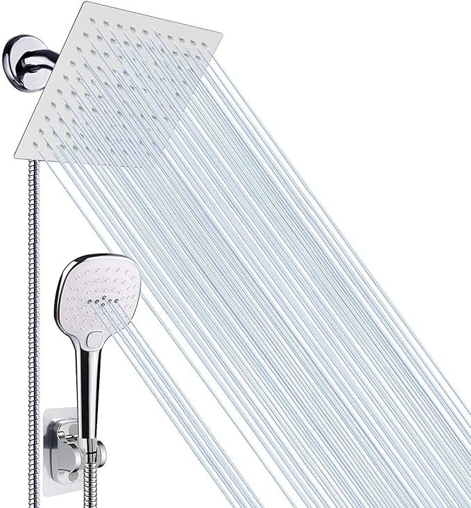 NearMoon Shower Head with Hose, High Pressure Stainless Steel Rain Shower and 3 Settings Handheld Spray Combo with Push Button Flow Control (8 Inch, Chrome Finish)