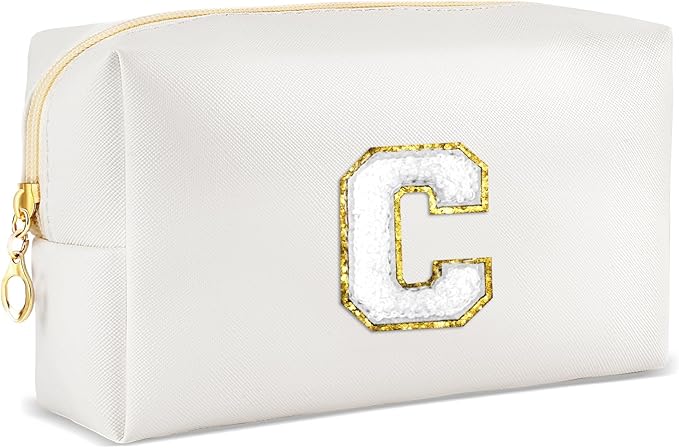 URSKYTOUS Gifts for Girls Initial Makeup Bag Personalized Cosmetic Bag with Zipper Cute Travel Toiletry Bags Waterproof PU Preppy Makeup Pouch Birthday Gift for Teen Girls Women(White C)