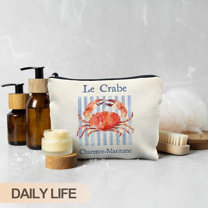 RYYCDOI Vintage Crab Beach Makeup Bag, Crab Lovers Gifts Cosmetic Bags for Women, Gifts for Beach Ocean Lovers, Retro Blue Stripes Seafood Aesthetic Zipper Makeup Pouch