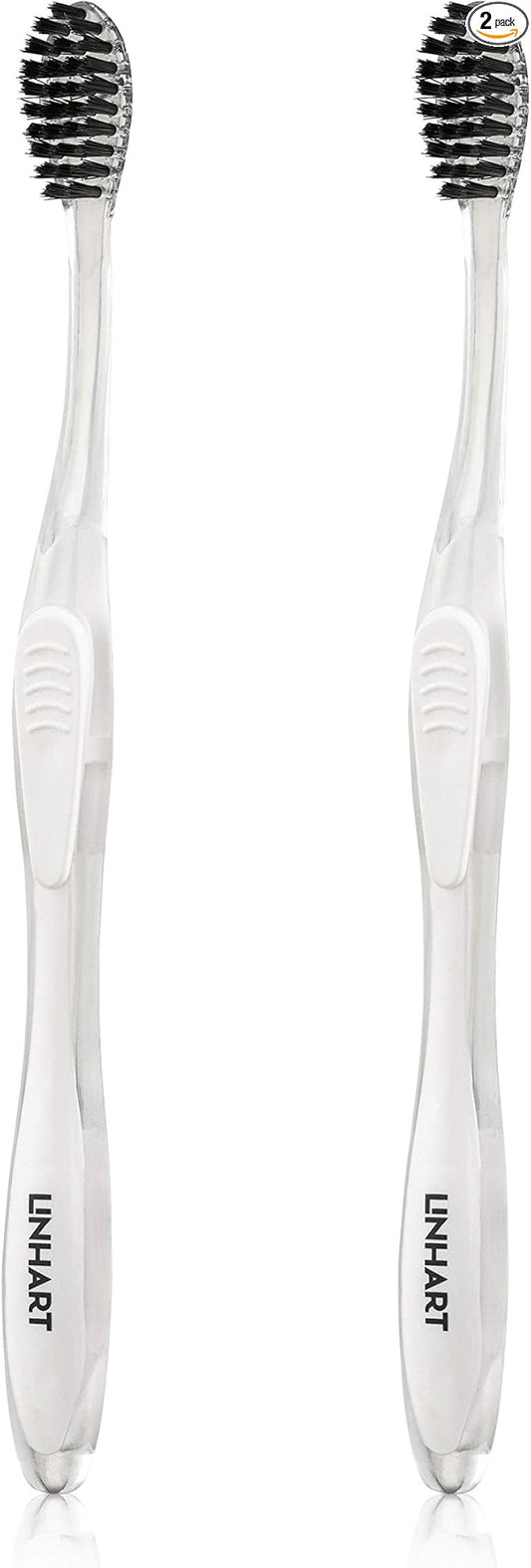 LINHART Extra Soft Toothbrush – Teeth Whitening Toothbrush with Multi Length Bristles, White with Black Bristles, 2 Pack