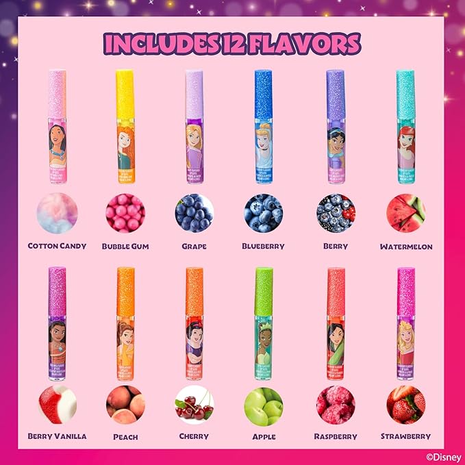 Disney Princess 12 Piece Plant Based Lip Gloss, Girls Party Favors, First Makeup Set for Girl, Perfect for Parties, Sleepovers, and Birthday Gifts, Ages 3+, by Townley Girl