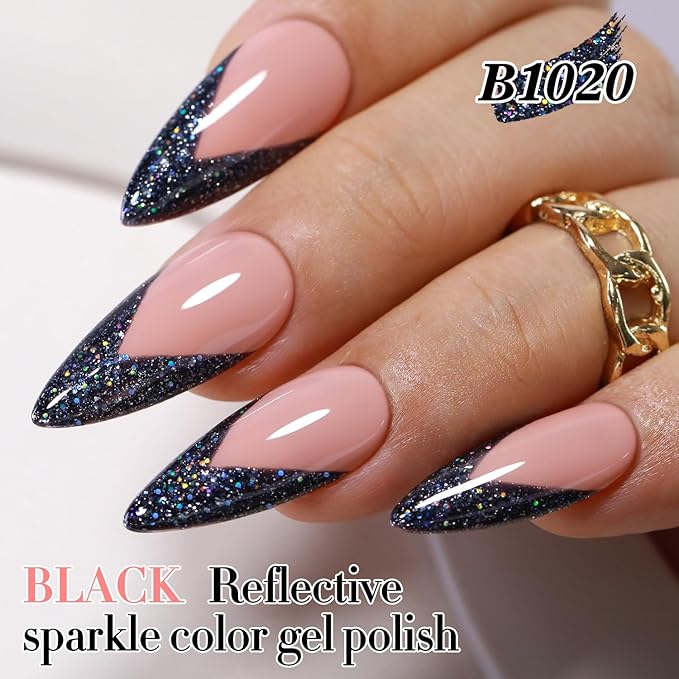 Double Rhythm Gel Polish 15ML Glitter Shimmer Reflective Holographic Color Magnetic for Nail Art Salon DIY at Home (Black-B1020)