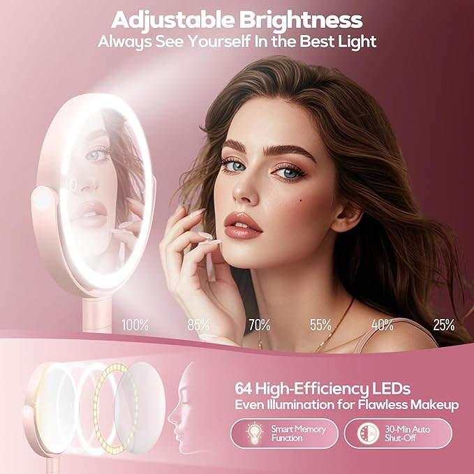 Makeup Mirror with Lights, 30X Magnifying & Height Adjustable, Lighted Magnifying Mirror with 3 Light Modes and Stepless Dimming, Vanity Mirrors for Bathroom, Birthday Gift for Women, Pink