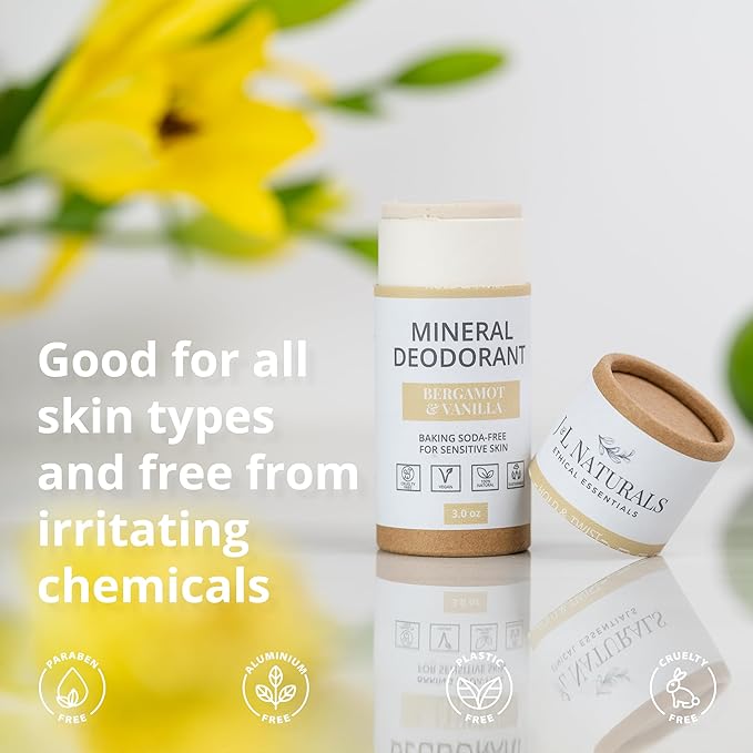 J&L Naturals Mineral Deodorant | Baking Soda-Free, 100% Natural, Sustainable | Sensitive Deodorant For Women & Men | Aluminum Free, Vegan, Cruelty-Free (Bergamot & Vanilla, 3 Oz (Pack of 1))