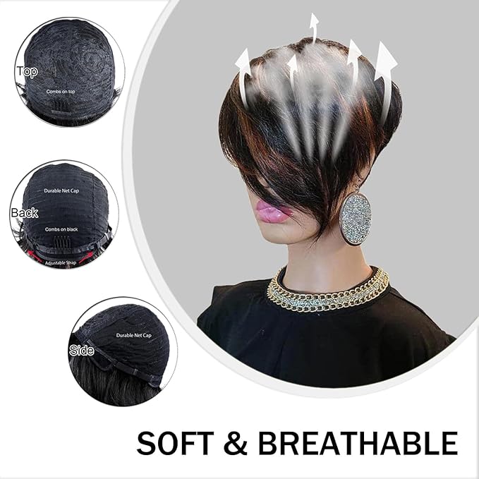 Short Pixie Cut Wig for Black Women Human Hair Nature looking Black Mixed Blonde Highlights Short Layered Side Part none lace front glueless Bob Cut Wig Brazilian Virgin Hair