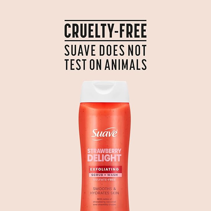 Suave Strawberry Delight Exfoliating Body Wash & Scrub with Glycerin & Vitamin E, Sulfate-Free Hydrating Cleanser for Soft, Smooth Skin, 6 Count, 18 FL OZ EA