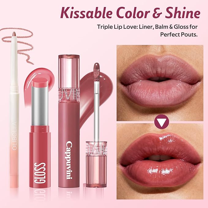 3PCS Lip Combo Set - Matte Lip Liner Pencil + Hydrating Tinted Lip Balm + Juicy Lip Gloss Tint, Non-Sticky, Long-Lasting, High Pigment Lip Makeup Kit (Sweet Fig Set)