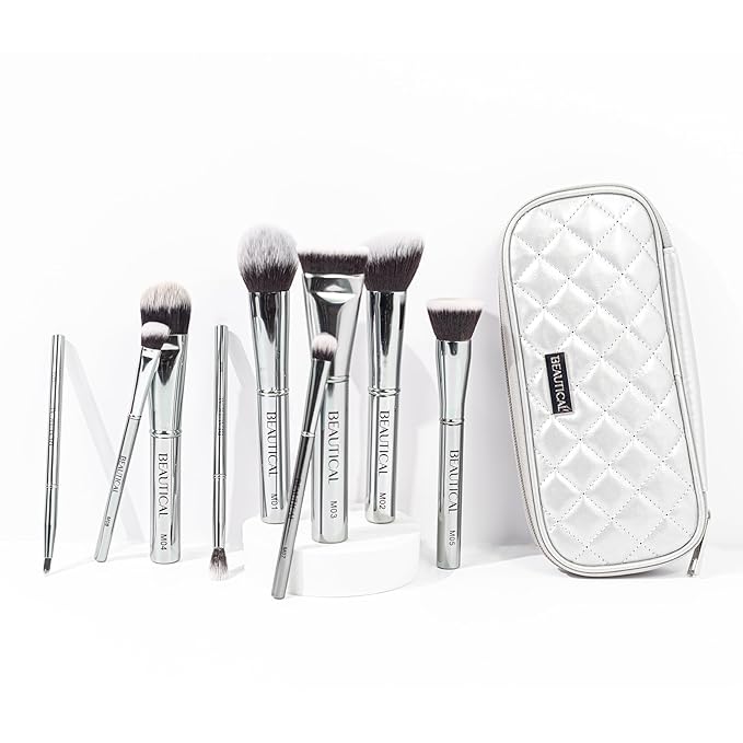 BEAUTICAL Professional Makeup Brush Set – 9 Piece Vegan Brushes with Carry Pouch | Soft Dense Bristles for Liquid, Cream & Powder | Lightweight Aluminum Handles Makeup Brushes For Daily Makeup Routine