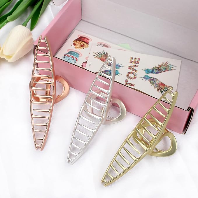 Hair Claw Big Shark Hair Barrette Clamps - Strong Hold Metal Barrettes for Women and Girls, Large Hair Accessories 3 Pcs (Matte Silver, Gold, Rose Gold)