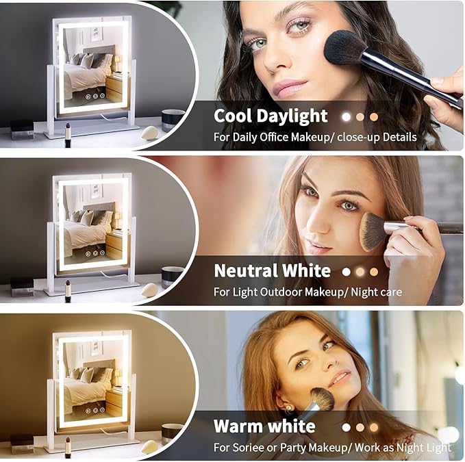 LED Vanity Mirror with Lights, Makeup Mirror with 3 Color Modes, Smart Touch Control, 360° Rotation for Desk,13.2" L x 11.2" W