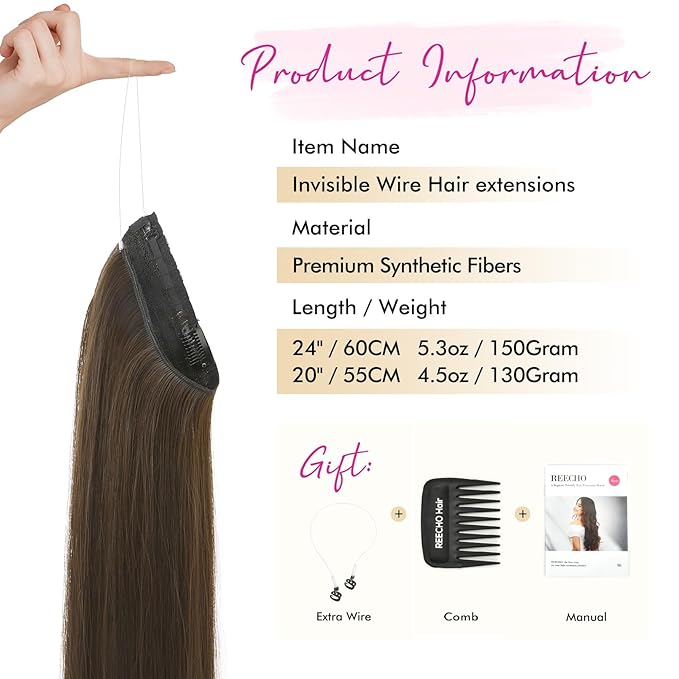 REECHO Invisible Wire Hair Extensions with Transparent Headband Adjustable Size Removable Secure Clips in Straight Secret Hairpiece for Women (24 Inch (Pack of 1), Chestnut Brown)