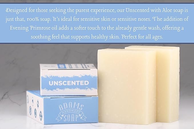 Adams Handmade Soap Unscented Pure Castile Bar Soap – 4.5 oz | With Evening Primrose Oil | Vegan, Cold Process, 84% Organic, Fair Trade, No Fragrance, Sensitive Skin Safe, USA Made