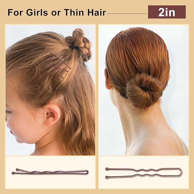 TsMADDTs Bobby Pins Brown U Shaped Hair Pins for Ballet Buns Women Girls with Storage Box, 2.4in&2in