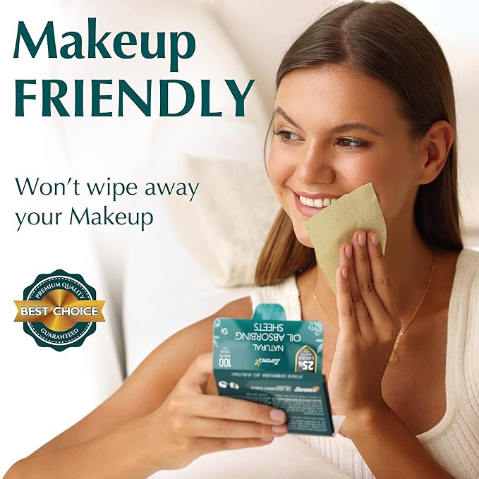 Natural Green Tea Oil Blotting Sheets - 25% Larger (4.7x3") - 600 Makeup Friendly Papers for Face - Easy Dispensing Oil Absorbing Sheets
