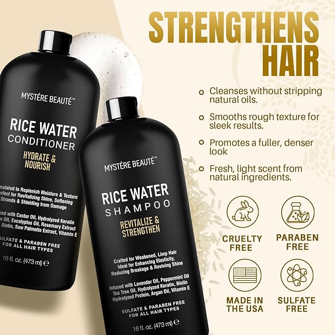 MYSTÉRE BEAUTÉ Rice Water Shampoo and Conditioner Set - Ultra-Nourishing Hair Care Set, Promotes Growth, Revitalizes Shine, and Shields from Damage - Infused with Essential Oils - 16 fl oz Each