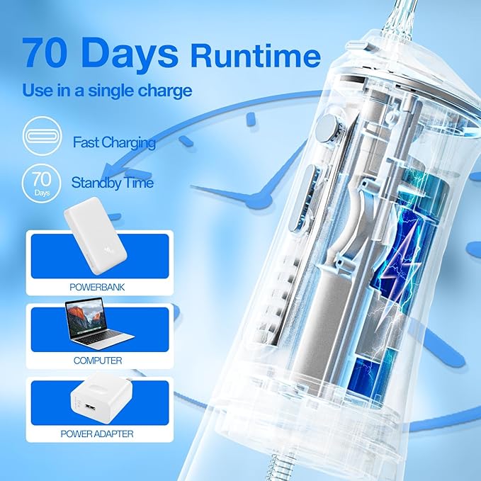 KIWIBIRD Water Dental Flosser Cordless with UVC Light, 3 Modes Portable Oral Irrigator, IPX7 Waterproof, 300ML Tank, Electric Teeth Cleaner for Tonsil Stones, Home & Travel Use (Black & White)