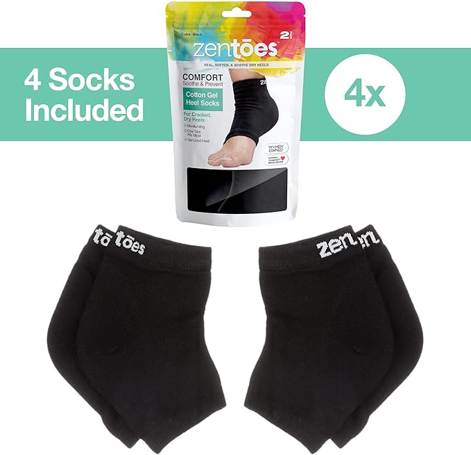 ZenToes Moisturizing Socks for Cracked Heel Treatment, Vitamin E, Olive Oil and Jojoba Oil Infused Heel Socks, Galentines Day Gifts, Self Care Gifts for Women (Cotton Black, Regular)