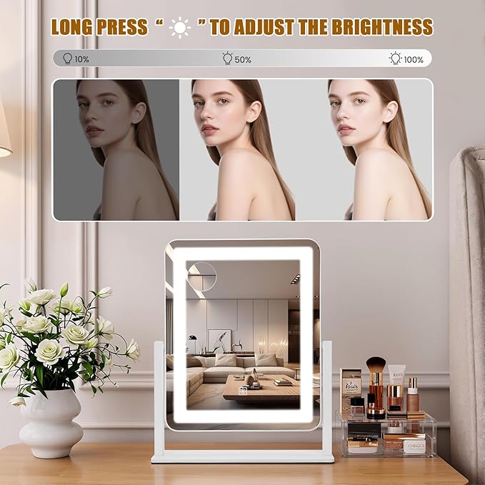 Vanity Mirror with Lights, 12.2"×15" Large LED Makeup Mirror with Light, HD Mirror, Smart Touch with 3-Color Lighting, Dimmable, 360° Rotation, Lighted Up for Vanity Desk Tabletop, Bedroom (White)