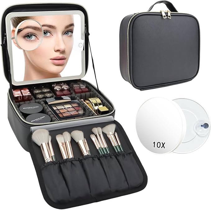 SLUMAZI Travel Makeup Bag with LED Mirror and 10x magnifying glass with 3 Lighted Settings, Adjustable Dividers and Makeup Brush Storage Bag Black