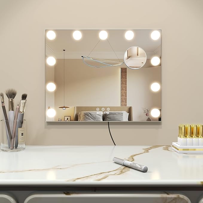 BEAUTME Vanity Mirror with Lights,Dressing Tabletop Vanity Mirror with Led Lights Beauty Mirror, Comes with a Tenfold Magnifying Glass, Intelligent Touch Desktop/Wall Mounted Makeup Mirror