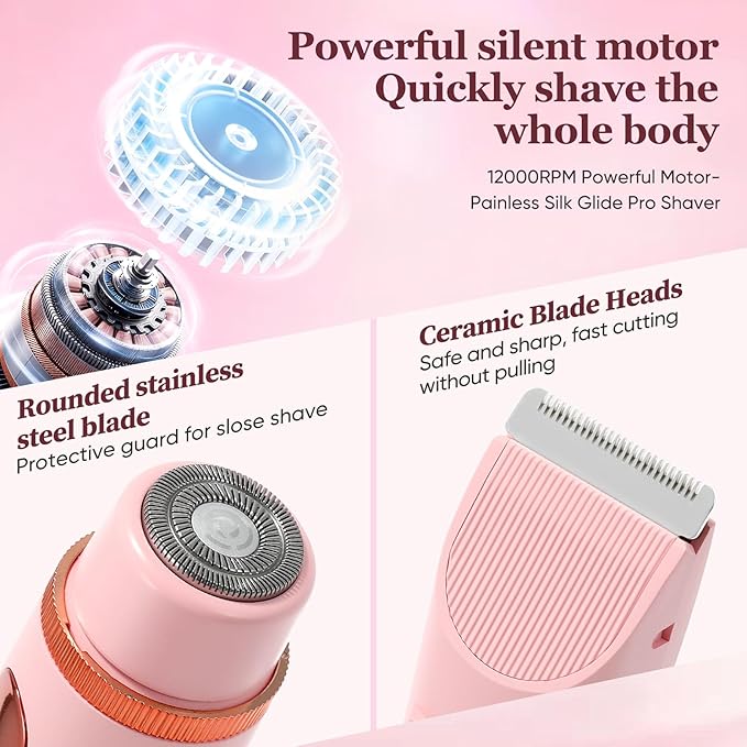 2 in 1 Women Electric Shaver Dual Head Bikini Trimmer for Women IPX7 Waterproof Wet & Dry Use Body Hair Trimmer and Facial Hair Remover for Bikini Underarm Leg Arm Body Face