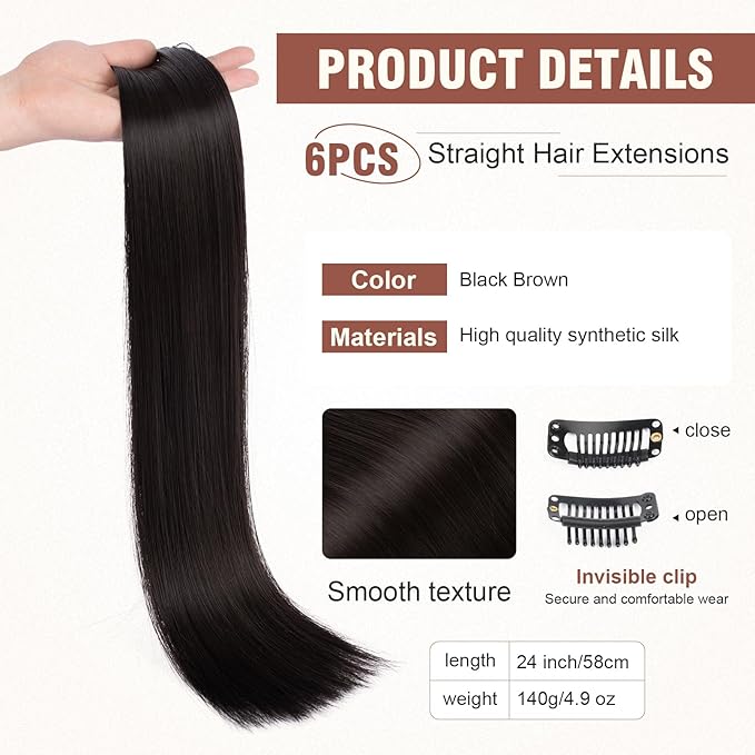 FLUFYMOOZ 6PC Clip in Hair Extensions 24" Straight Long Extensions for Women Synthetic Hairpiece (Black Brown)
