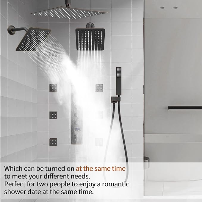 WHSHOWER 12"+8"+8" Triple Shower Heads Shower System Oil Rubbed Bronze Body Jets Shower Set with Handheld Sprayer and Temperature Display Valve,Full Body Shower System