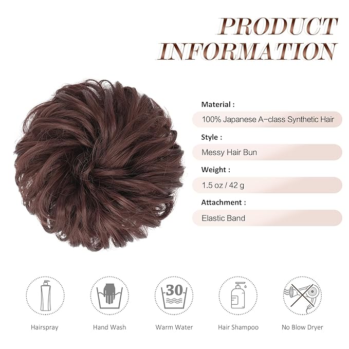 FESHFEN Messy Bun Hair Piece - Wavy Synthetic Chignon Scrunchies for Instant Volume, Elastic Bun Ponytail Hair Extensions Thick Hairpieces for Women, Dark Auburn 1.50 oz
