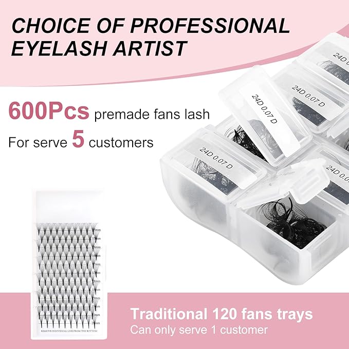 FADLASH Volume Lash Extensions 600pcs 24D Premade Fans Eyelash Extensions D Curl Pointy Base Pre Made Fans Lash Extension Mixed Tray Eyelash Extension Premade Fans (24D-0.07D-14-20mm), Black