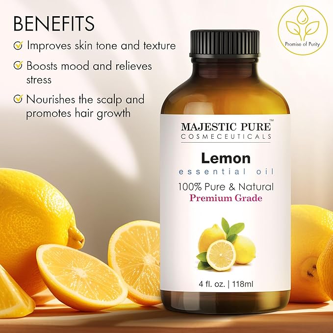 Majestic Pure Essential Oil with Glass Dropper - 100% Pure and Natural - Essential Oils for Diffuser, Aromatherapy, Soap and Candle Making, Lemon Essential Oil, Lemon Oil, 4 Fl Oz