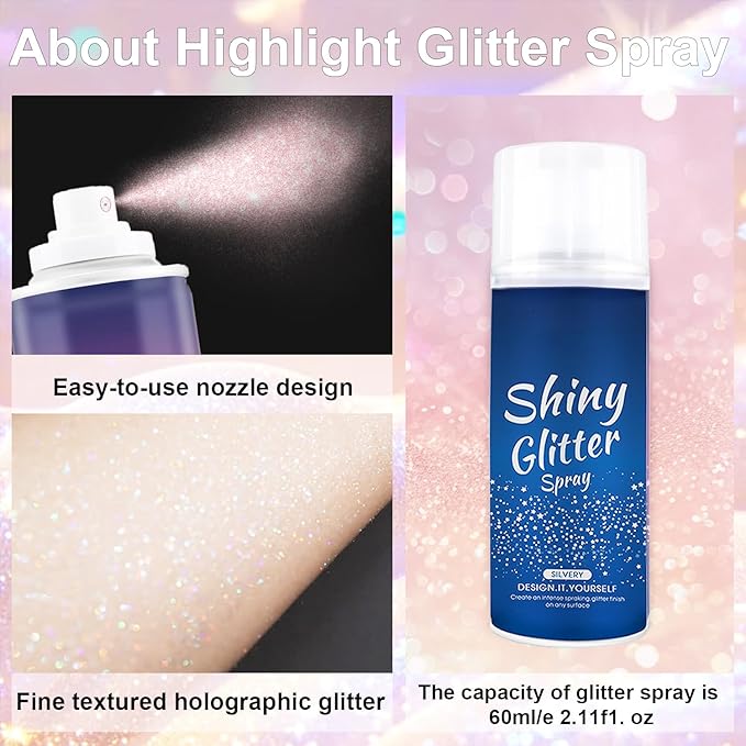 Holographic Body Glitter Spray - Silvery Shiny Shimmer for Hair, Face & Clothes | Quick-Drying, Long-Lasting Glitter Hairspray Temporary Shiny Mist for Festival, Rave, Music Concert, Prom Accessories