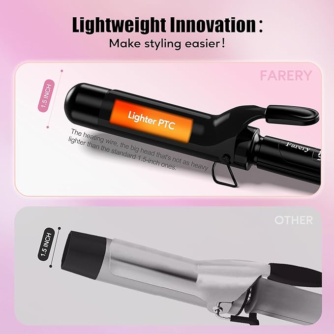 Farery 1.5 inch Curling Iron For Long Hair, Lightweight Long Barrel Curling Iron 1 1/2 Inch, Ceramic Curling Wand Infused Argan Oil & Keratin for Bouncy Curls, 9 Temp Digital Display & Lock Key, Glove