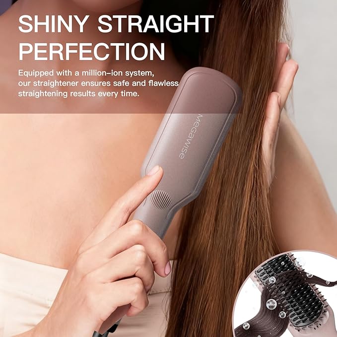 MEGAWISE Pro Ceramic Ionic Hair Straightener Brush for Home Salon | MCH Fast 20s Heating Tech with Auto-Off Safety | Anti-Scald with Universal Dual Voltage | Rotatable Power Cord (Rose Gold)
