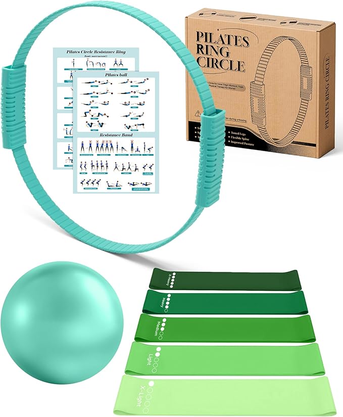 Pilates Ring Set, Home Pilates Kit for Women Pilates Equipment Ring and Ball Set Magic Circle Hoop with 5 Resistance Bands Compact Toning Fitness Essentials Starter Set Accessories