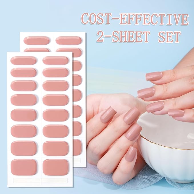 WOKOTO 2 Sheets Semi Cured Gel Nail Strips (Beige)-16 Pcs Per Sheet Gel Nail Stickers | Gel Nail Wraps | Uv Light Required, Salon Quality, Real Nail Polish Strips Stick On Nails Kit With Nail File