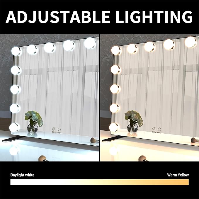 BEAUTME Vanity Mirror with Lights, Lighted Makeup Mirror with 14 Dimmer Bulbs, 2 Color Lighting Mode, Touch Control, Tabletop or Wall Mounted for Bedroom,Dressing Room,Balck 23.6" X 20"