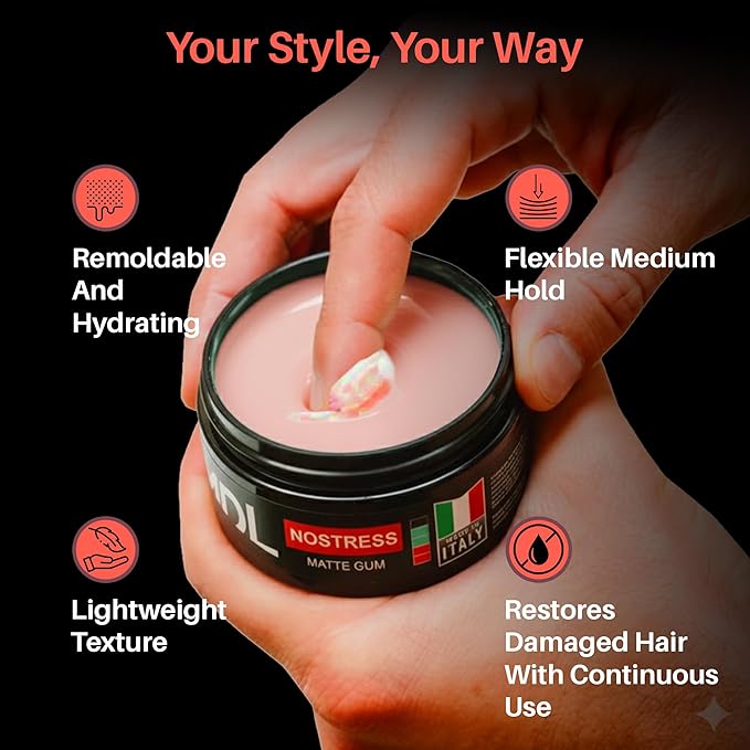 MY DE LUCA NO STRESS Matte Gum Hair Wax for Men, Reworkable Hold Pomade Alternative for Natural Matte Finish, Alcohol-Free Hair Hair Care for Control & Soft Finish, Water-Based, Made in Italy, 100 ml