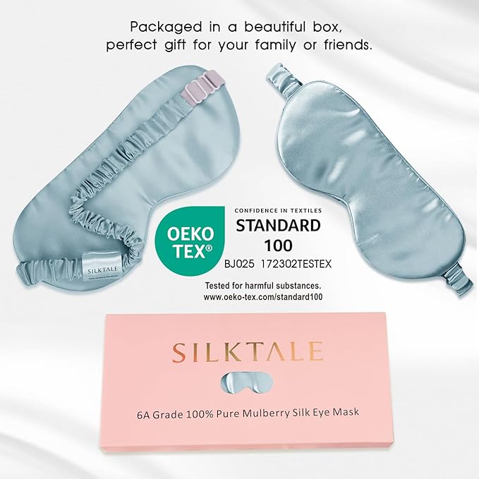 SILKTALE Mulberry Silk Blackout Adjustable Sleep Eye Mask for Men/Women Travel Plane,Pale Blue