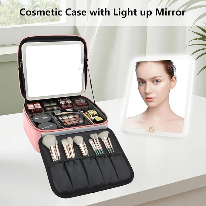 SLUMAZI Travel Makeup Bag with LED Mirror Travel Makeup Organizer with 3 Lighted Settings, Adjustable Dividers and Makeup Brush Storage Bag Pink