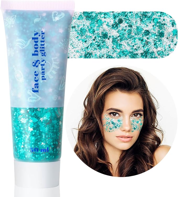 MEICOLY Teal Body Glitter,Holographic Mermaid Face Glitter Gel for Halloween Face Paint,Dazzle Green Chunky Glitter for Face Body Hair,Sparkling Self-Adhesive Gel Glitter Makeup for Women and Kids